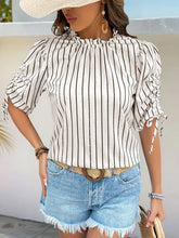 Drawstring Striped Half Sleeve Blouse OutfitFlow